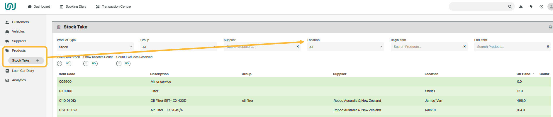 Workshop Software filter stocktake by location showing products > stock take > location” class=”wp-image-49312″></figure>
<p></p>
<p>2. Select the location you want further details on.</p>
<figure class=