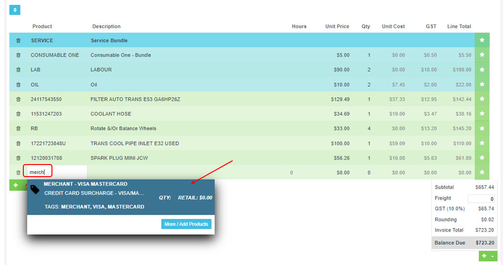 Invoice lines with a merchant fee product being searched and the matching product shown in the dropdown
