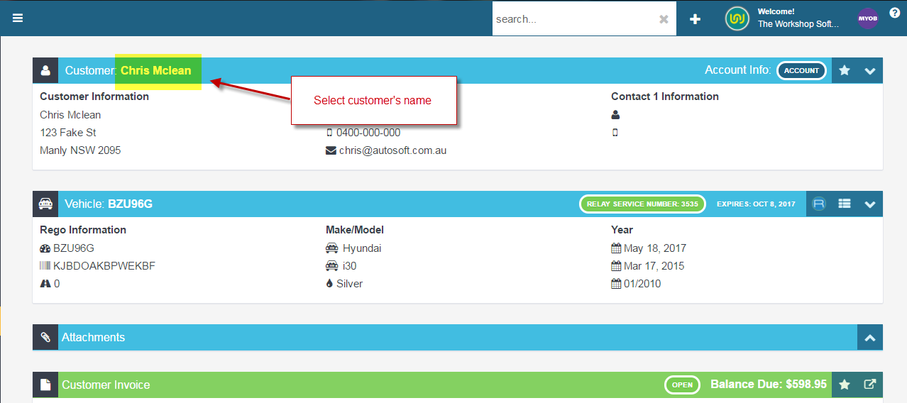 Workshop Software screen showing this will display all the customer’s related information, including their boo...