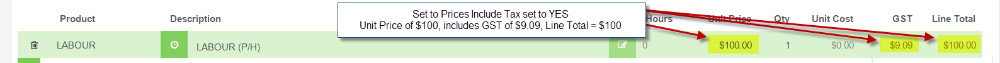 Workshop Software screen showing workshop software will not add gst to the price of the item but will show how...