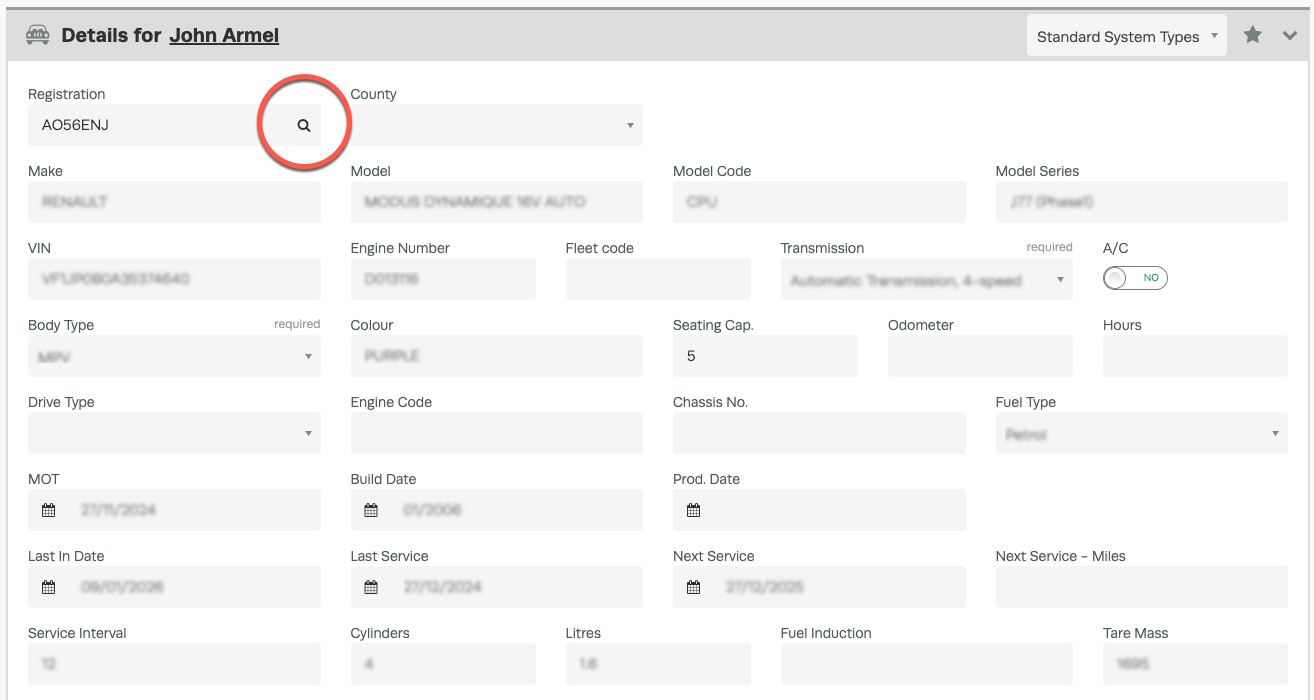 Workshop Software screen showing start by typing the vehicle registration, then click the magnifying glass ico...