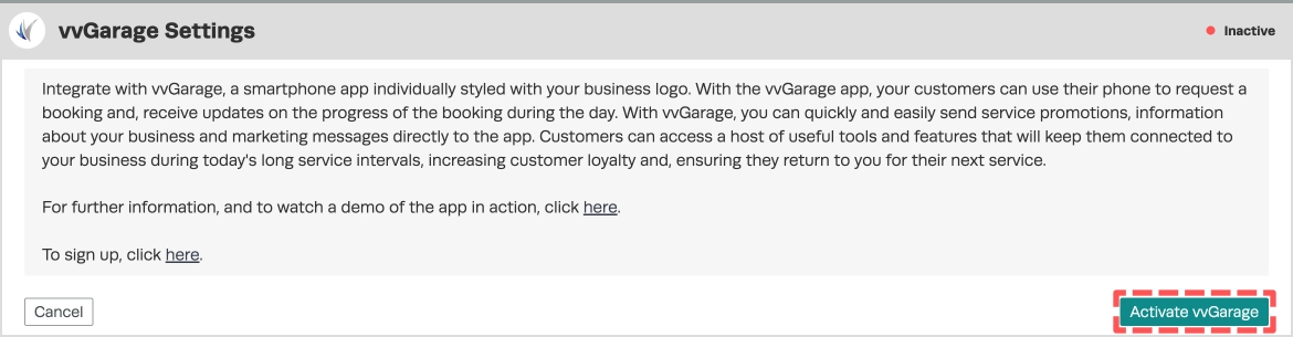 A screenshot of the vvGarage Settings card before vvGarage is activated. The Activate vvGarage button is highlighted
