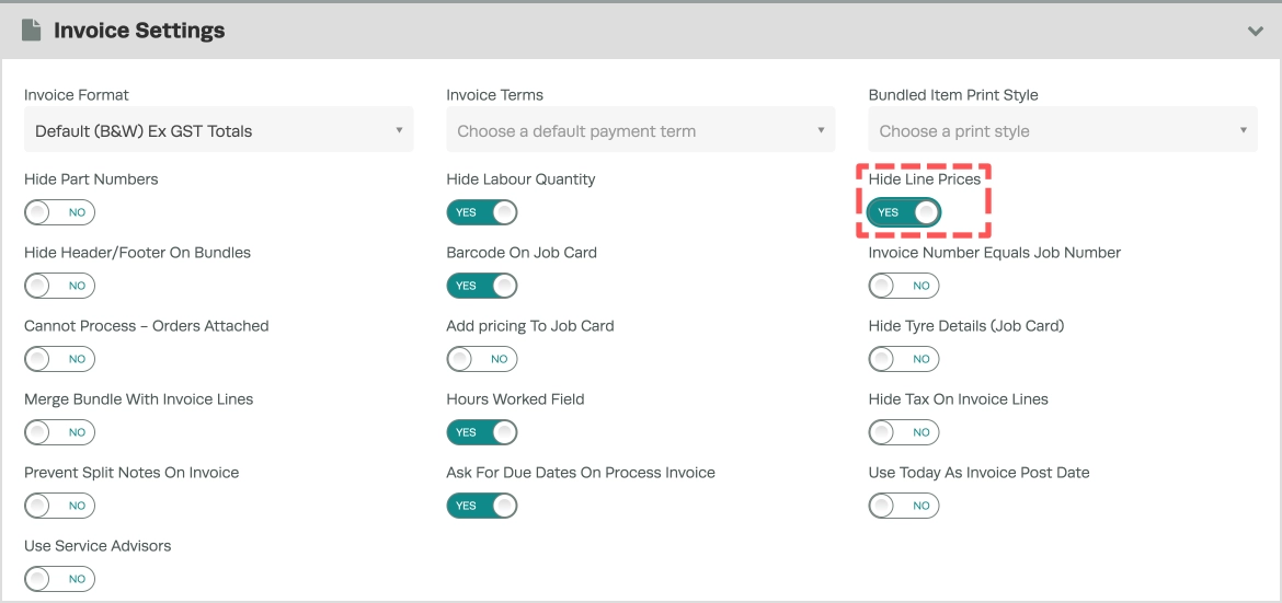 A screenshot of the Invoice Settings card. The Hide Line Prices toggle is highlighted.