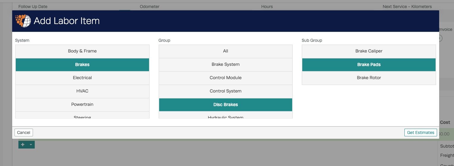 Workshop Software screen showing once you have selected the labor you are wanting simply press 'get estimates'