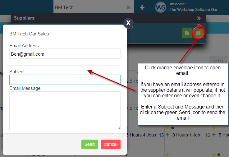 Workshop Software how to send an email to a supplier from workshop software showing subject and message and click on the g...