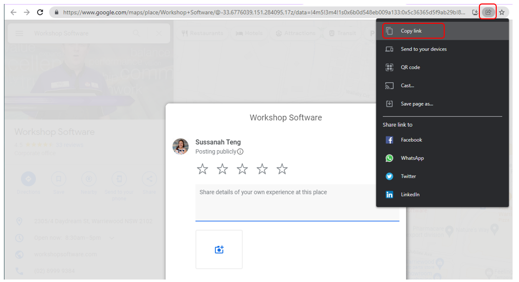 Published Google review page with the browser share menu open