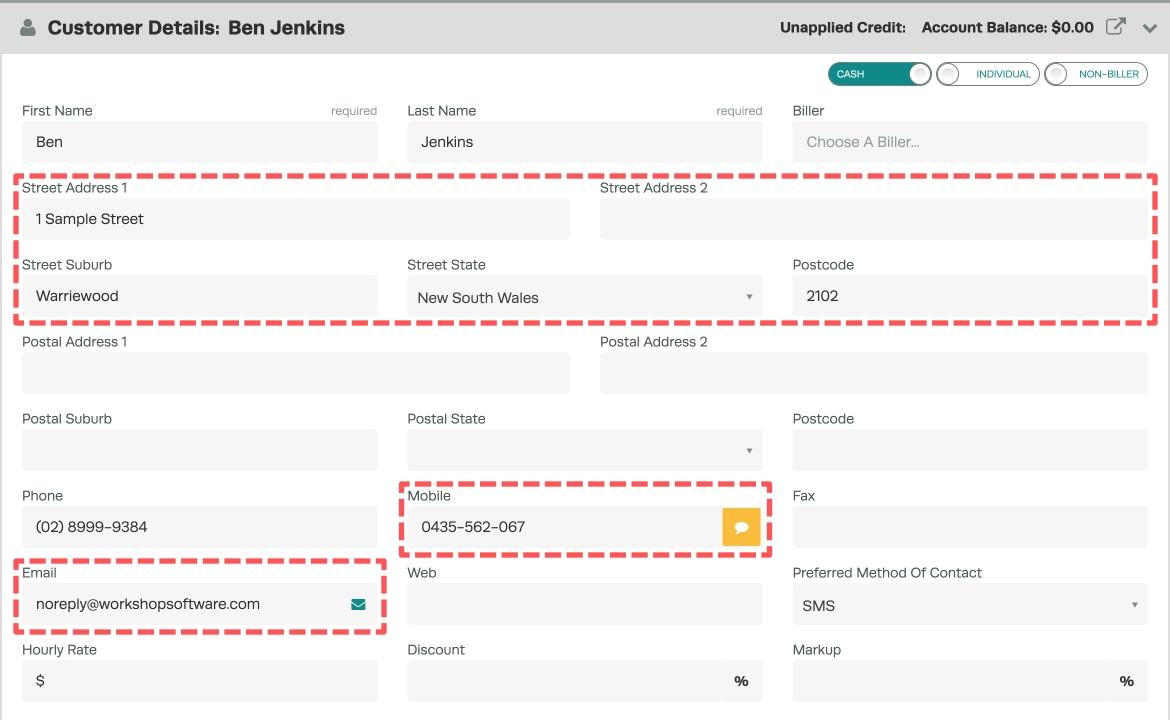 A screenshot of a Customer's details, the Address fields, mobile phone and email fields are highlighted.