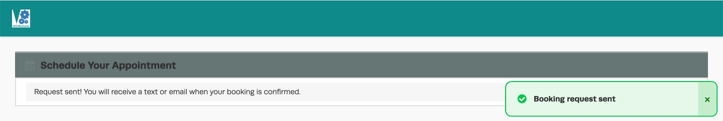 A screenshot of the customer facing Public Booking page after a booking request has been submitted.