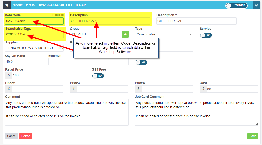 Workshop Software screen showing item code, description and searchable tags
