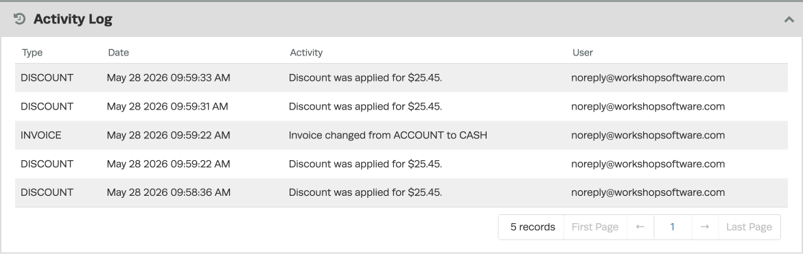 A screenshot of an Invoice Activity Log in Workshop Software.