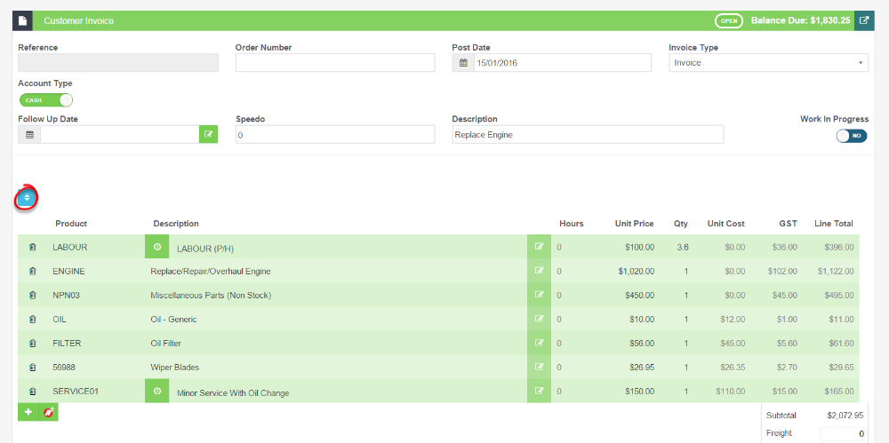 Workshop Software screen showing in an open invoice click on the blue 'up and down arrow' icon above the list ...