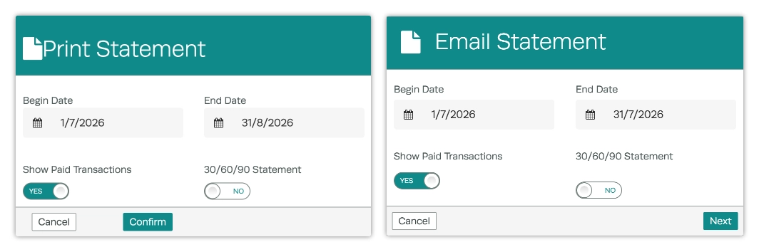 Screenshots of the Print and Email Statement Pop Ups