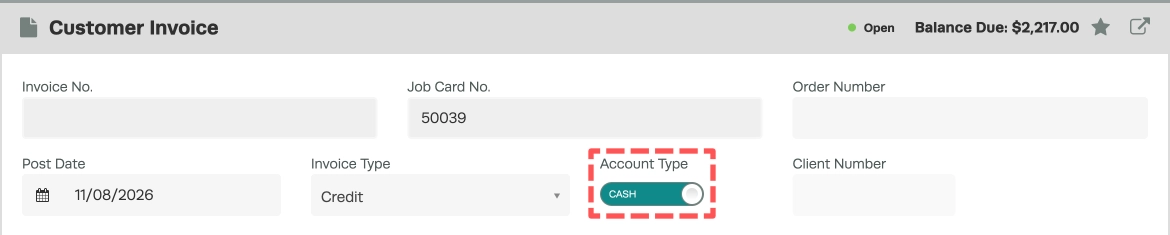 A screenshot of a Customer Credit, the Account type toggle is highlighted and set to Cash.