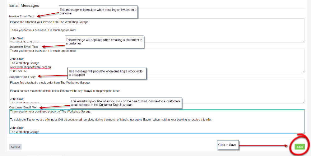 Email message templates with notes describing when each message is sent and the Save button circled