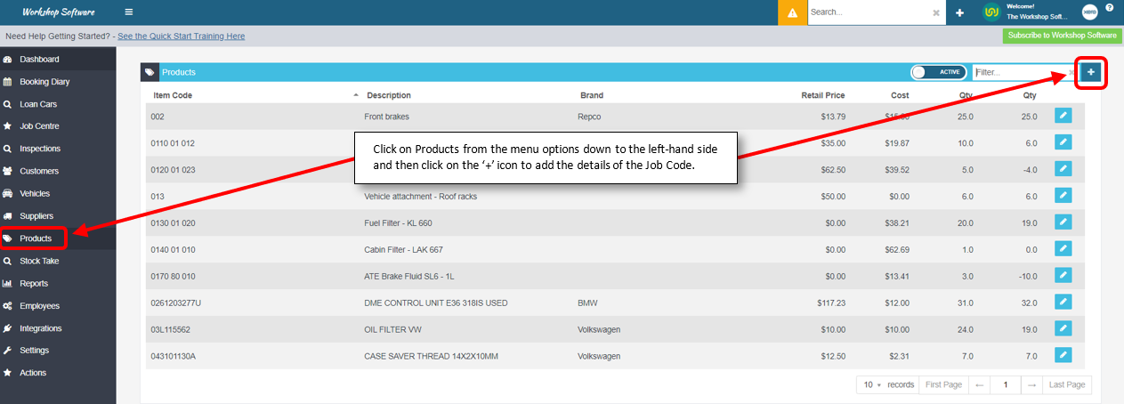 Workshop Software screen showing to add a new job code click on products from the menu options down the left h...
