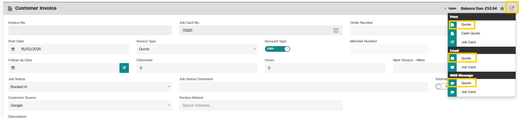 Workshop Software screen showing once the quote has been saved, click on the box with the arrow icon and choos...