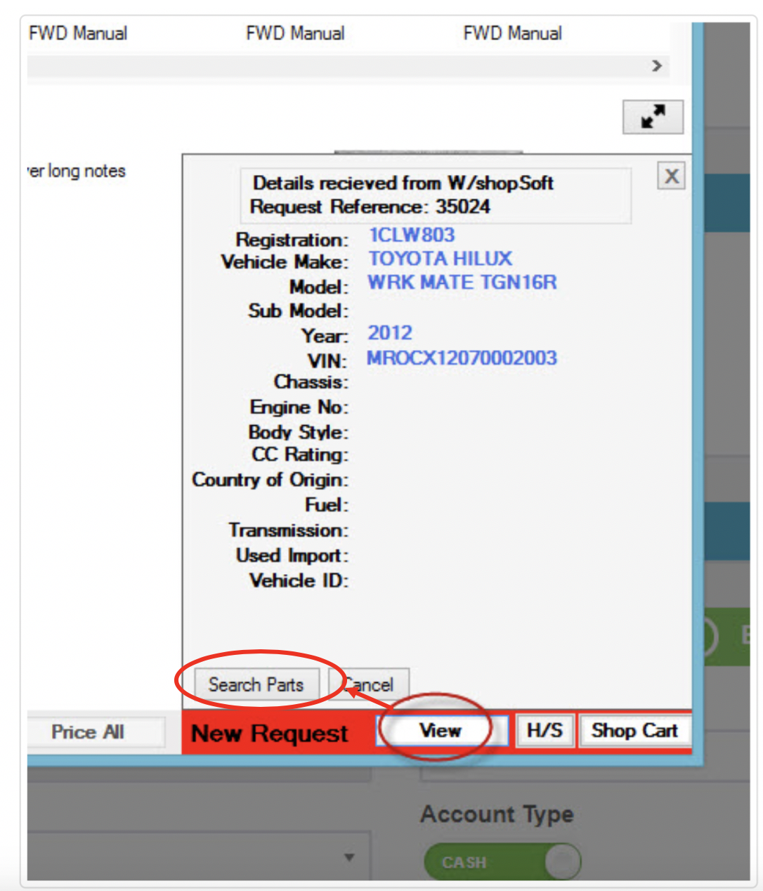 Workshop Software screen showing when you click on ' view ' it will show the car details, to start adding your...