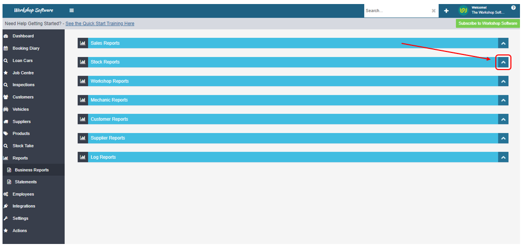 Workshop Software run a stock status report showing arrow to expand the ' stock reports ' option