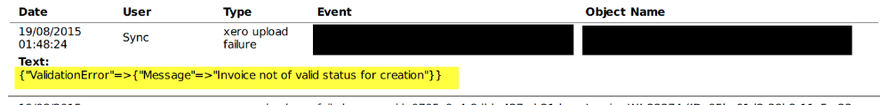 Event log showing a Xero validation error that the invoice is not of valid status for creation