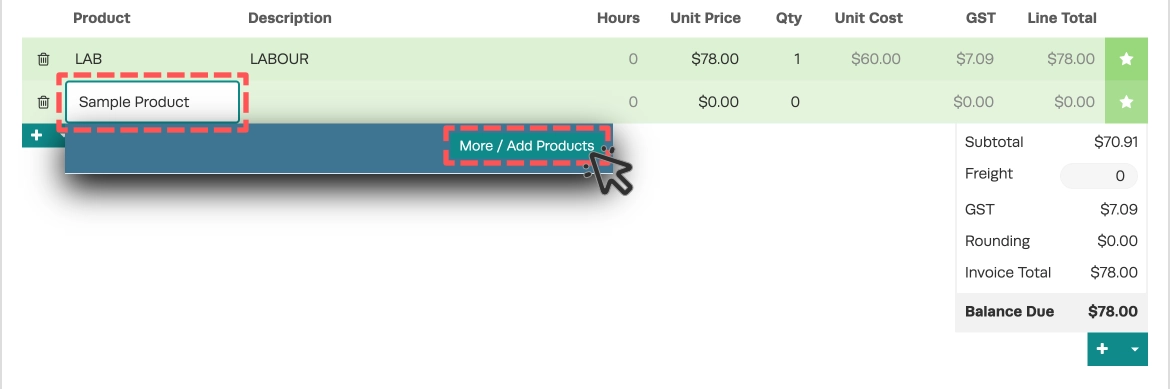 An image of the Product list inside an Invoice, Sample Product is entered in a highlighted field and a cursor indicates to click the More / Add Products button.