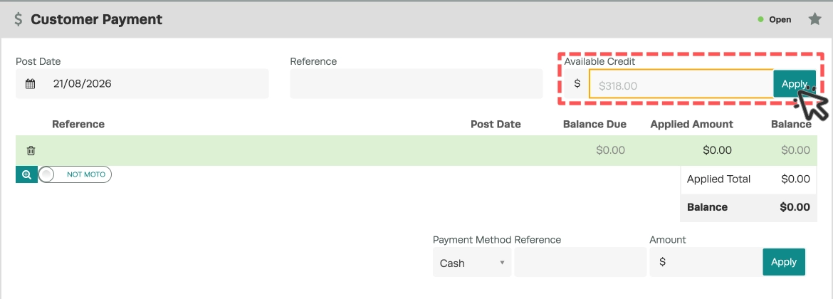 A screenshot of the Customer Payment screen, the Available Credit field is highlighted and a cursor indicates to click the Apply button