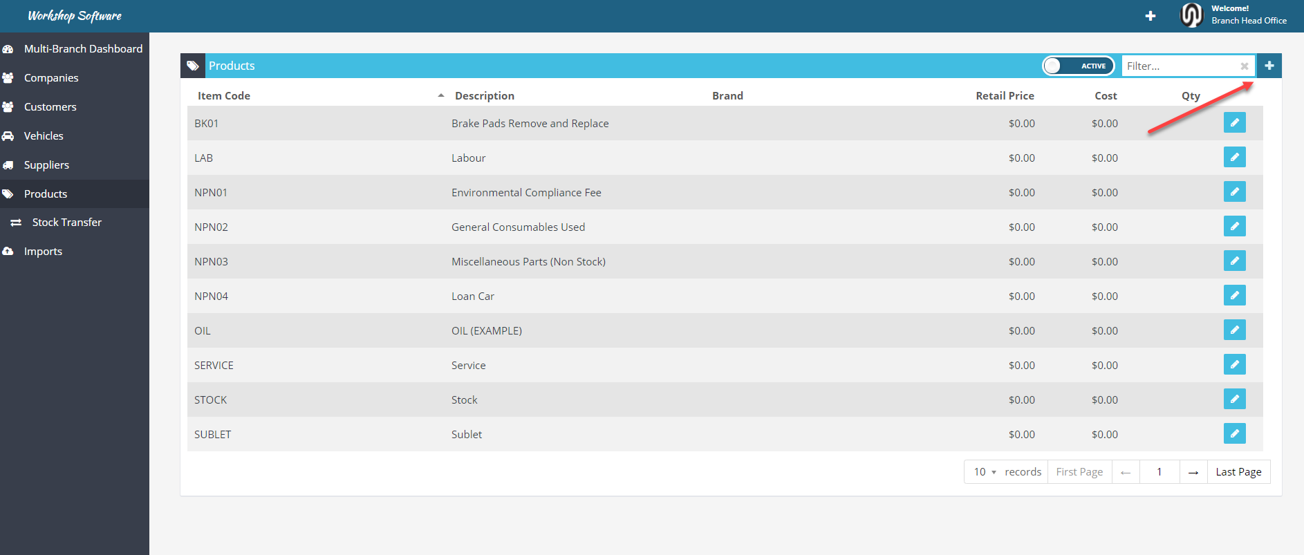 Workshop Software screen showing you can add new products by pressing the 'plus' icon on the top right