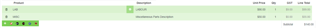 Invoice showing labour and miscellaneous parts lines with the subtotal
