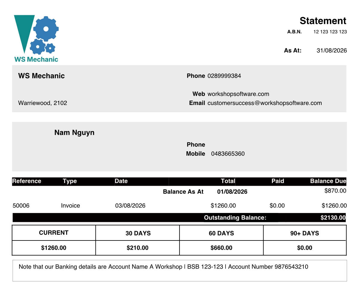A screenshot of a 30/60/90 Statement.