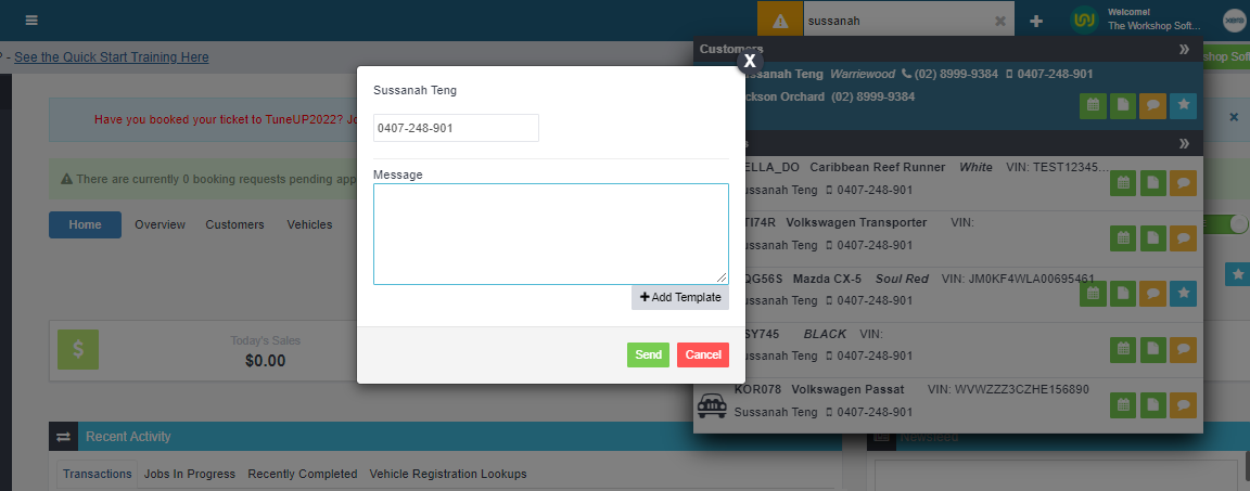 Customer record with the send SMS dialog open
