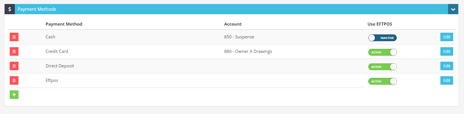 Workshop Software select a bank account in xero for a payment method xero only showing down to the 'payment methods' section