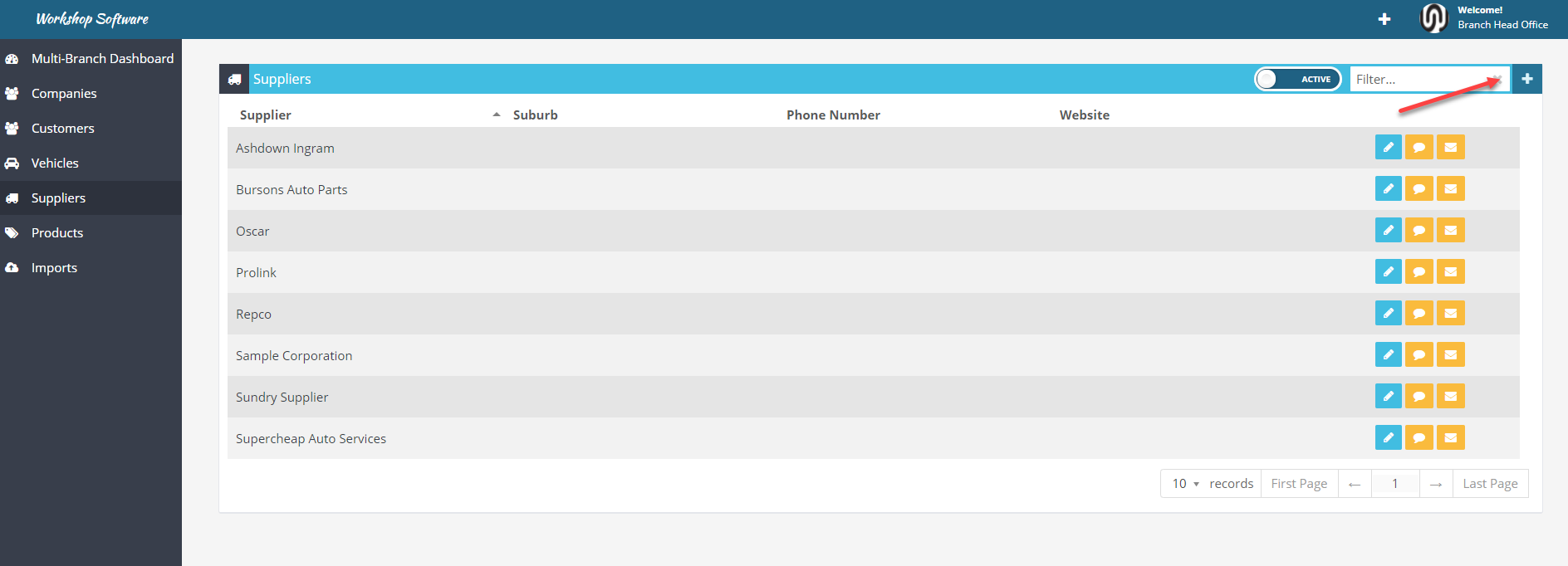 Workshop Software screen showing you can add new suppliers by pressing the 'plus' icon on the top right