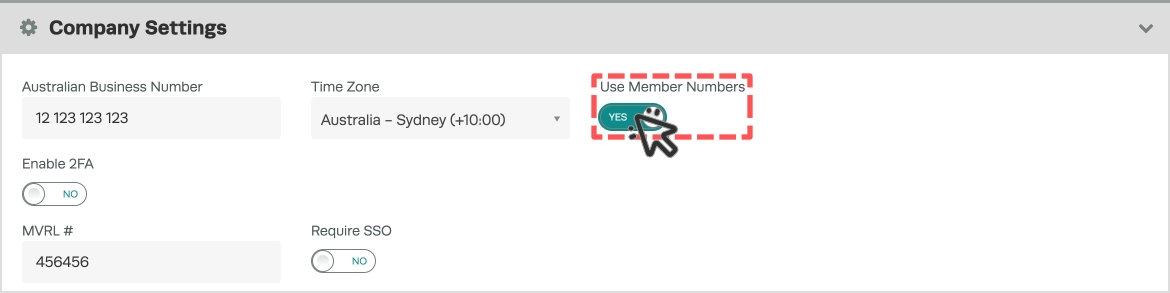 A screenshot of the Company Settings page, the Use Member Numbers field is highlighted. 