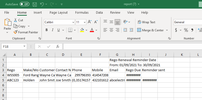 Exported rego renewal reminder report open in Excel