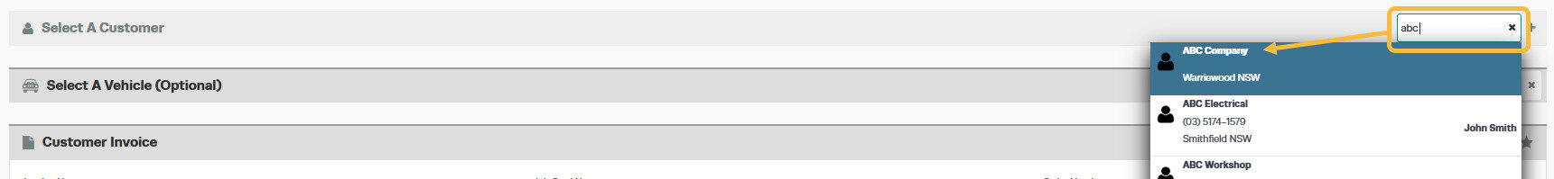 Workshop Software screen showing then select the vehicle from the list if it already existing in the system