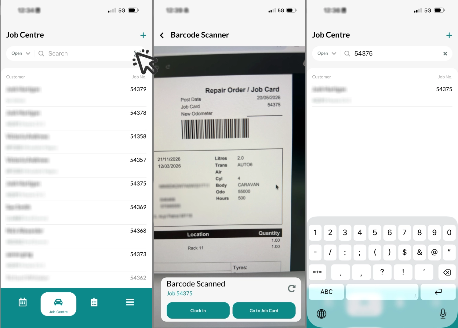 Three screenshots of Workshop Software's Mobile App Job Centre. They show the list of Jobs inside the Job Centre and the ability to search for a job by its job code or by scanning a barcode using the barcode scanner icon on the right hand side of the search field.
