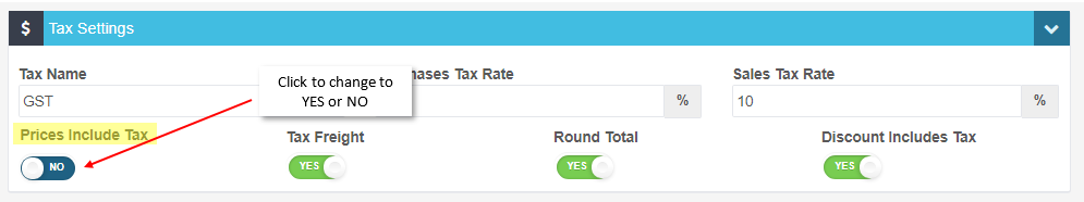 Workshop Software screen showing look for the field labelled 'prices include tax' , by changing the toggle you...