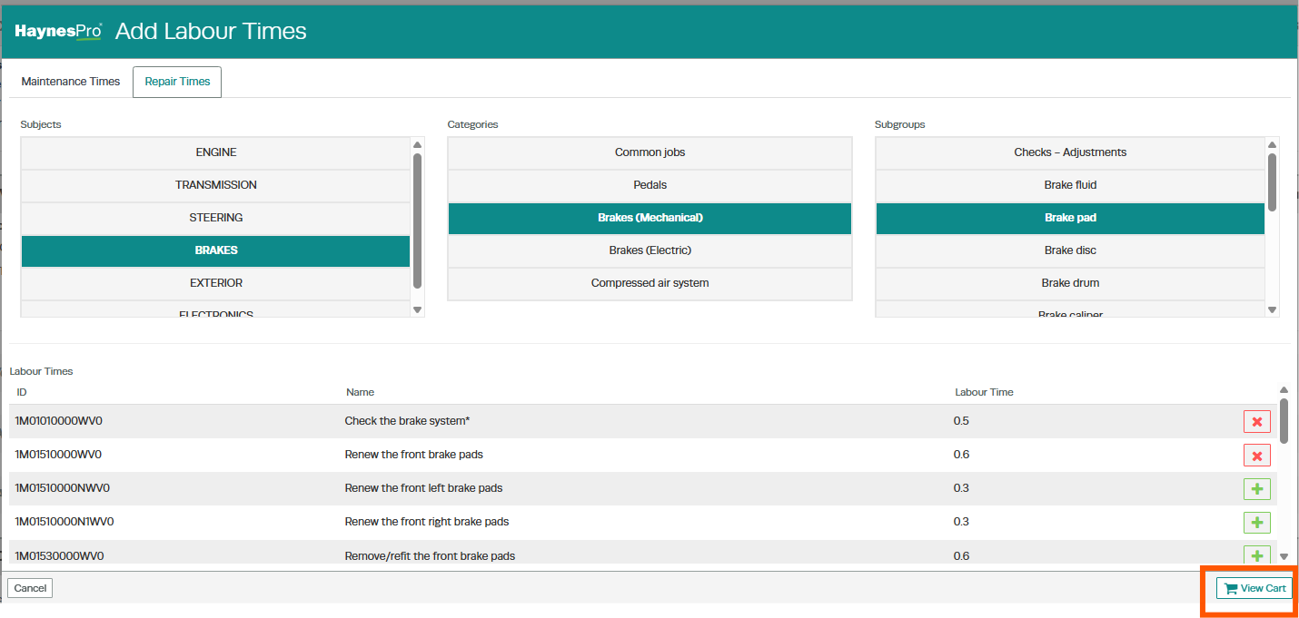 Workshop Software workshopdata labour time lookup showing view cart to review your selections