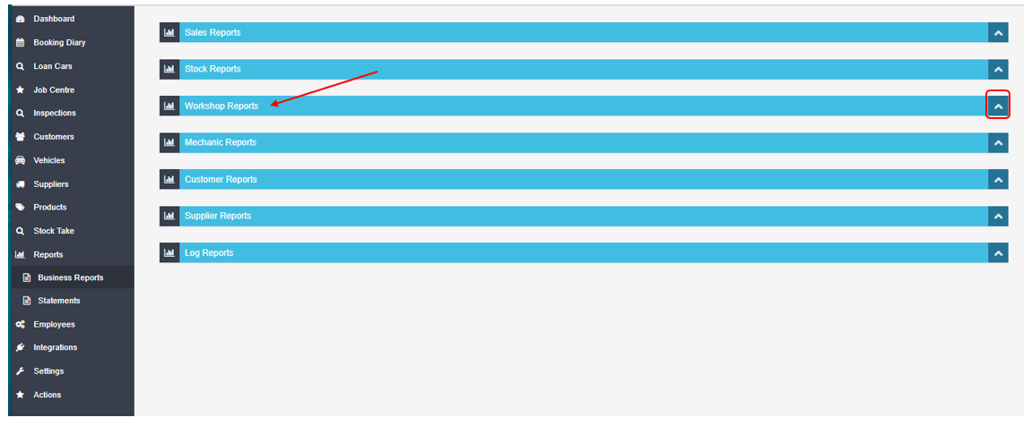 Business Reports list with Workshop Reports highlighted