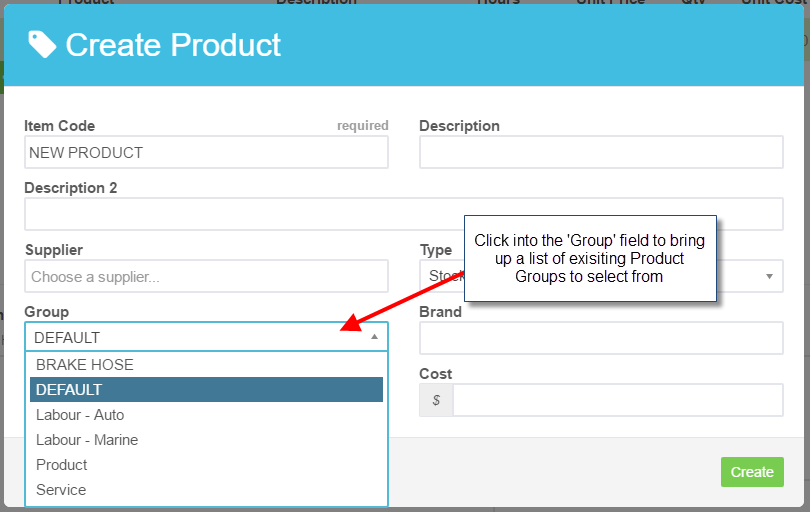 Workshop Software screen showing after clicking on the green +add new product icon in the customer invoice the...