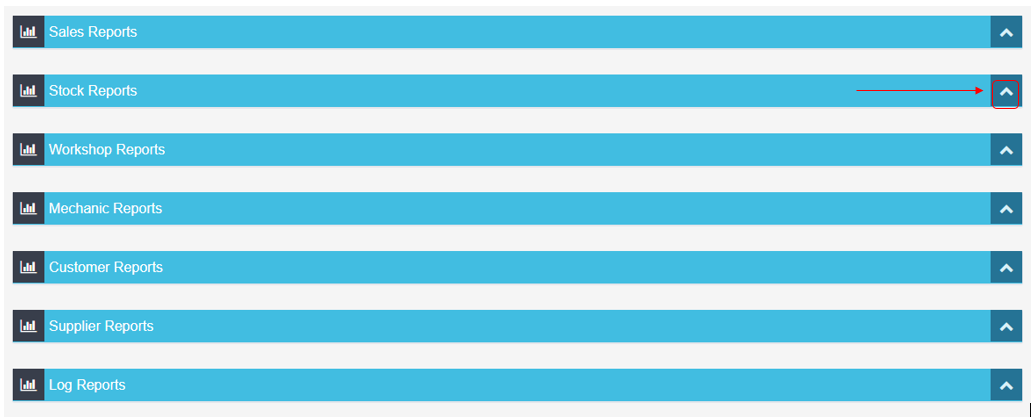 Workshop Software run a stock value report showing down arrow icon to the far right of the blue stock reports menu to expa...