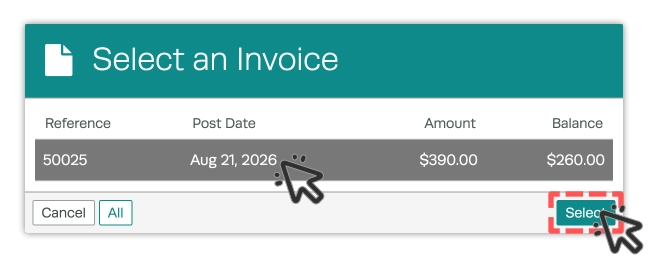 A screenshot of the Invoice Selection pop up, cursors indicate to click an Invoice and click the select button.