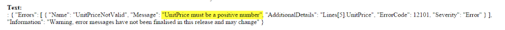 Event log text with the MYOB error UnitPrice must be a positive number highlighted