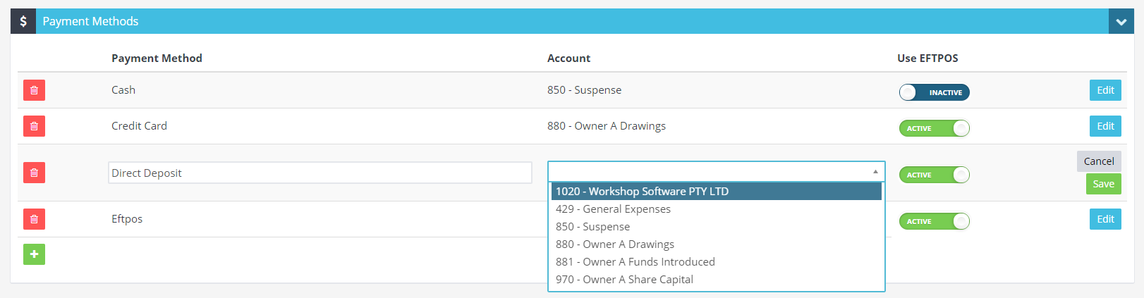 Workshop Software screen showing please select the account that you would like these payment types to sync into