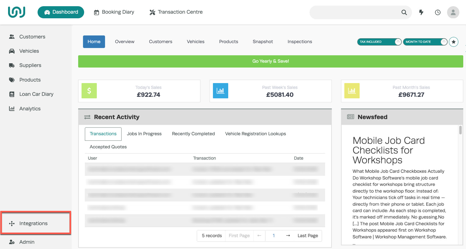 Workshop Software screen showing in workshop software, click on the integrations tab located at the bottom sec...