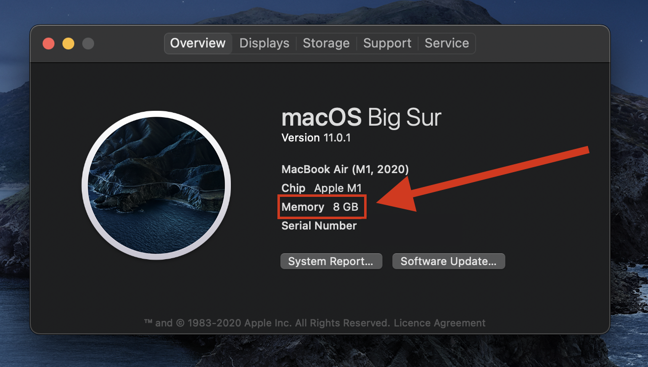 About This Mac window showing the chip, memory and serial number highlighted