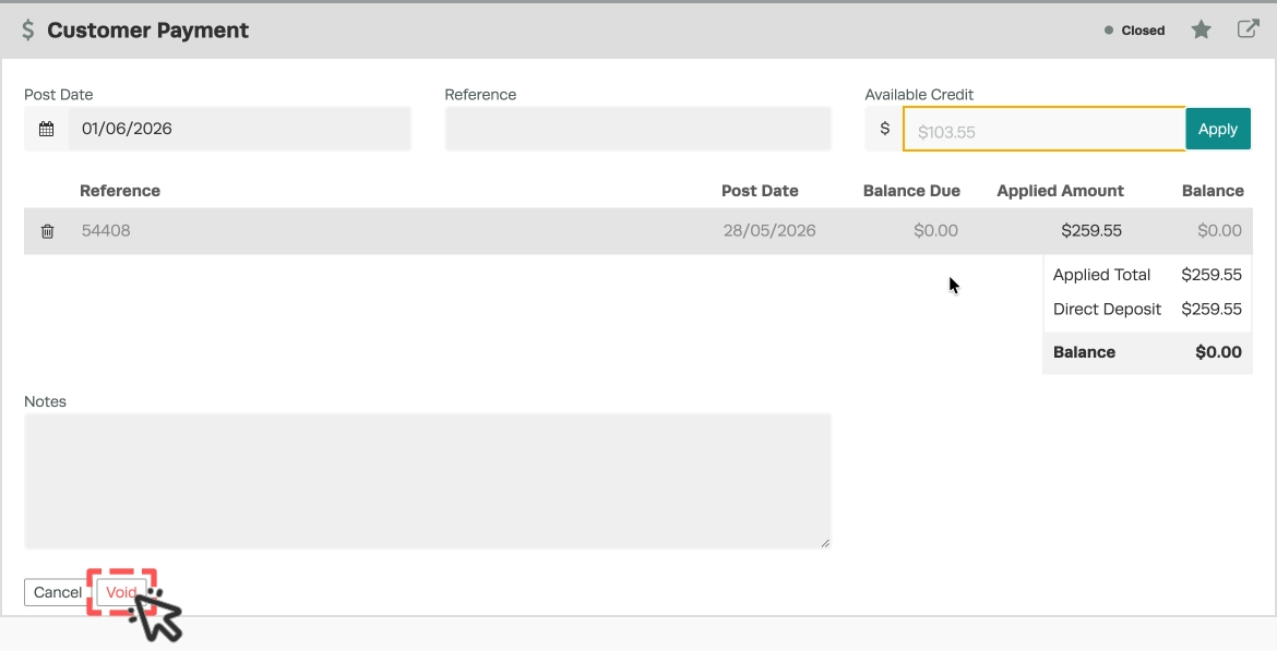 A screenshot of a Payment, the Void button is highlighted