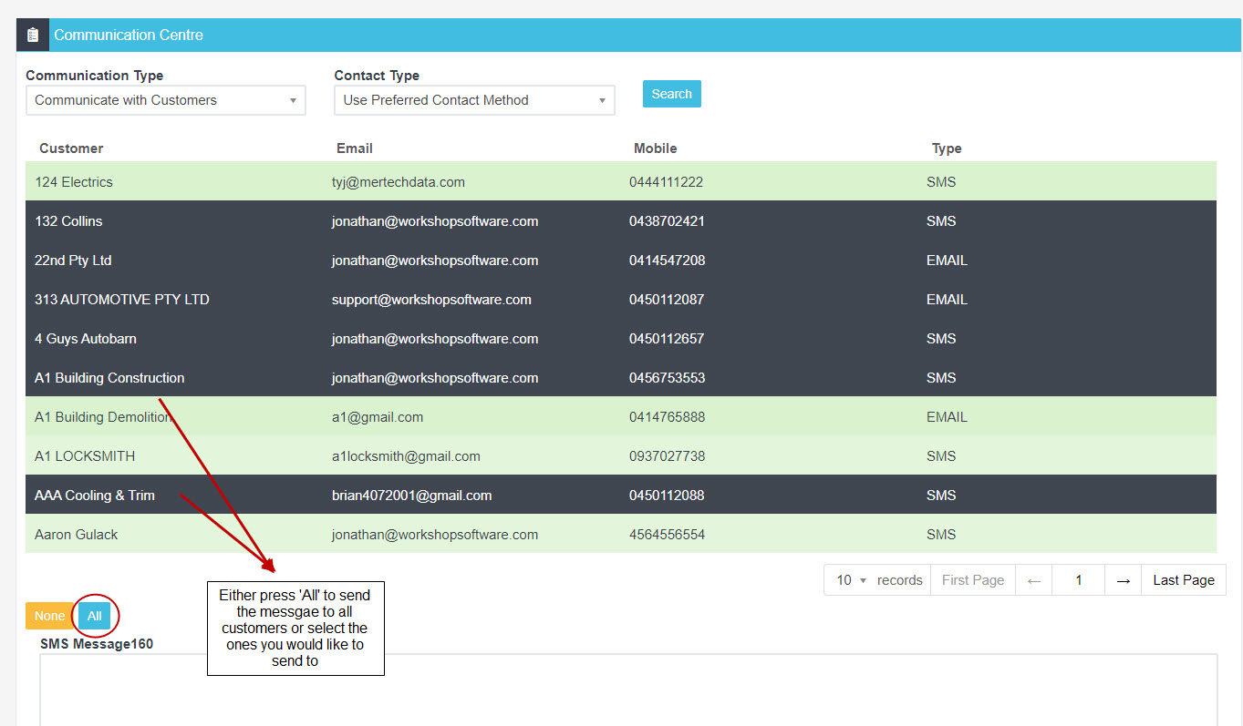 Workshop Software screen showing you can deselect a customer by clicking the line again to stop highlighting i...