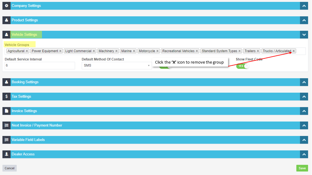Workshop Software screen showing if you need to remove a group, click on the x at the right of the group descr...