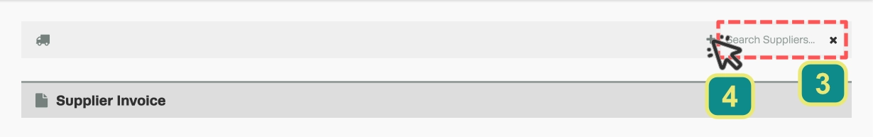 A cropped screenshot of the Supplier Invoice page, numbered callouts indicate the search bar and + Icont
