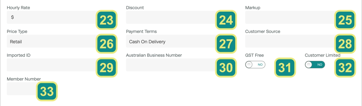 A cropped screenshot of the Customer Details screen, stipulations that may be applied are shown and numbered.